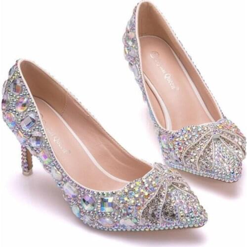 Women Pumps Shoes pointed with Rhinestone Butterfly-knot with womens shoes Pointed Toe Thin Heels 7.5CM High Heels Wedding Shoe