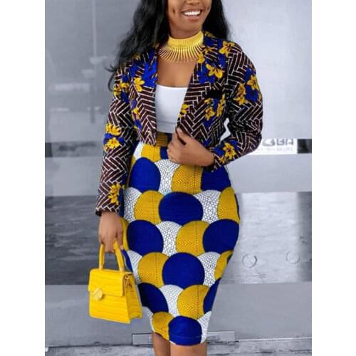 Women Two Pieces Set Printed Short Blazer and Pencil Skirts Long Sleeve Elegant Office Lady Fashion Work Wear Sexy African Suits