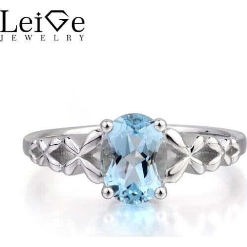 Leige Jewelry Engagement Ring Natural Aquamarine Ring March Birthstone Oval Cut Gemstone Blue Gems 925 Sterling Silver for Women