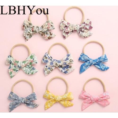1PCS Spring Summer Handtie Bows Nylon Headbands,Floral Print Cotton Fabric Girls Nylon Hairbands,School Girls Bow Hair Accessory