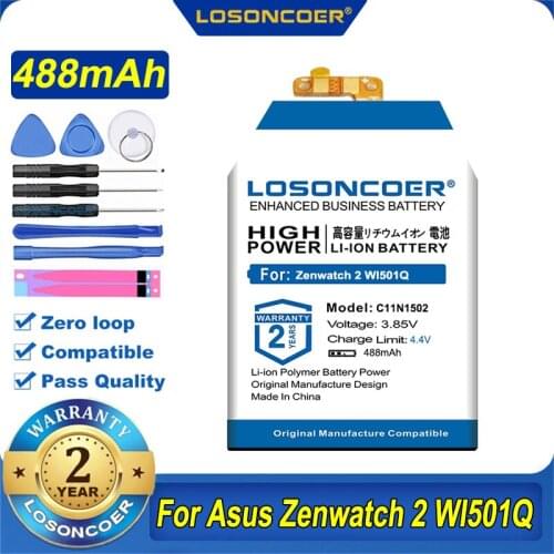 100% Original LOSONCOER C11N1502 488mAh Battery for Asus Zenwatch 2 WI501Q Smart Watch Battery 0B200-01630000 1ICP4/26/33