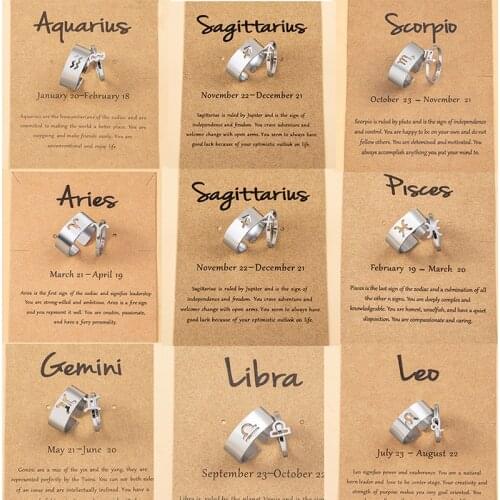 2 Pcs Set Stainless Steel 12 Constellation Lover Couple Rings For Women Men Adjustable Scorpio Lion Virgin Open Cuff Zodiac Ring