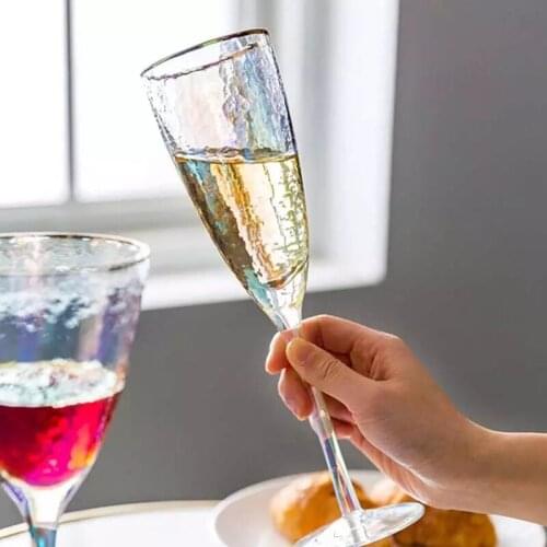 2Pcs Rainbow Plating Wine Glesses Japanese Hammer Lead-free Champagne Glass Gold Rim Goblet Wedding Party Bar Drinkware Gifts