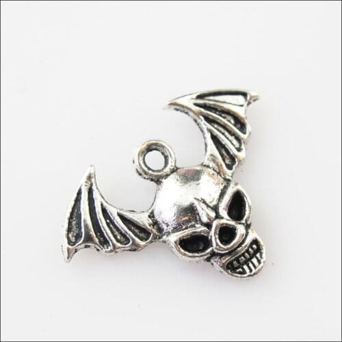 35Pcs Antiqued Silver Color Halloween Bat Skull Wings Charms Pendants 16x21.5mm
