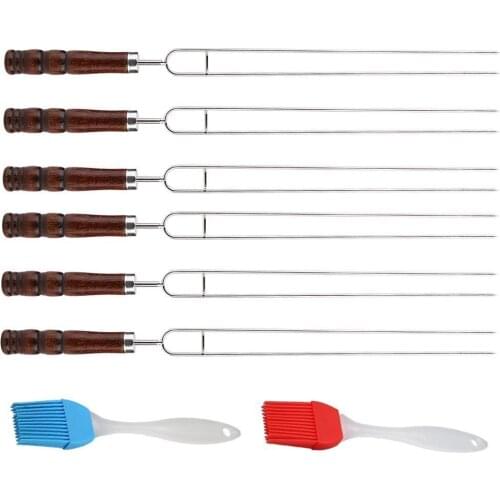 6Pcs Stainless Steel U-shaped Barbecue Fork Skewers with 2Pcs Baking Oil BBQ Brush Kitchen Gadgets BBQ Accessories