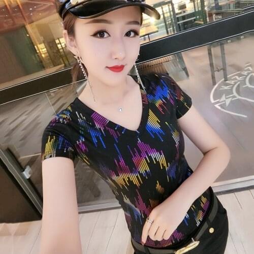 Punk hit color t shirt women 2020 summer streetwear bronzing v-neck female t-shirts plus size bodycon womens t-shirt tee tops