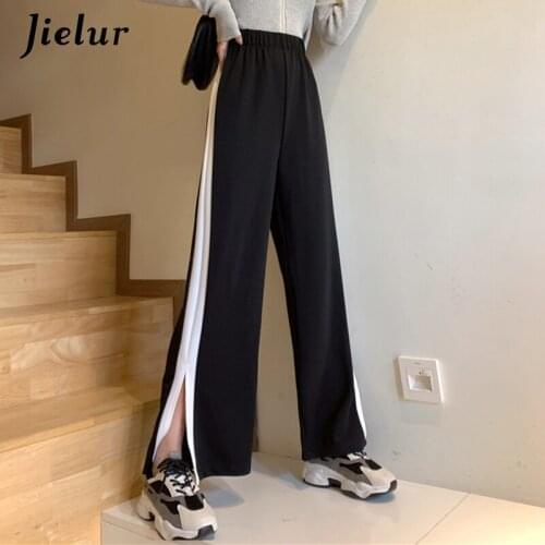 Jielur Korean Side-striped Wide Leg Pants Split Black Blue Womens Pants Casual High Waist Lady Summer Straight Trousers Fashion