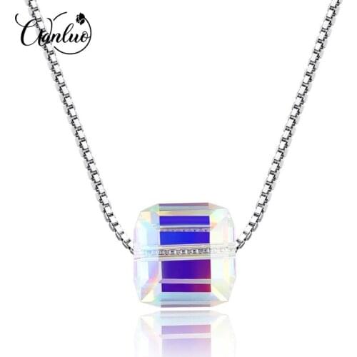 WANLUO Crystal Real 925 Sterling Silver Box Chain Necklaces for Women Simple Design Square Bead Pendant Women Necklace 2020 Gift
