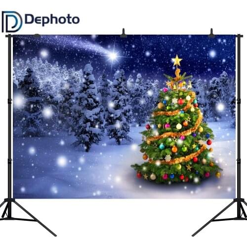 Dephoto Photography Background Blue Winter night bokeh Christmas tree snow Backdrop scenery photocall prop customize design