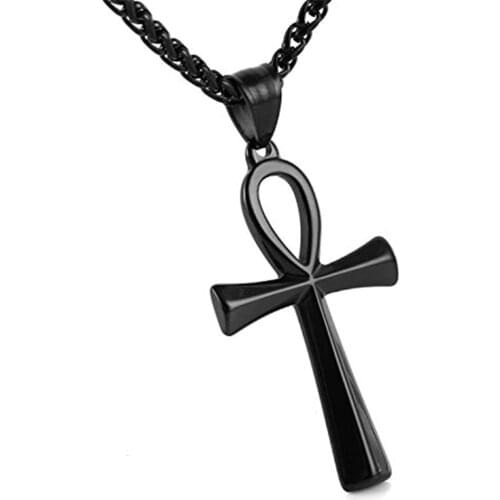 HZMAN Mens Black Stainless Steel Coptic Ankh Cross Religious Pendant Necklace, 24" Rope Chain