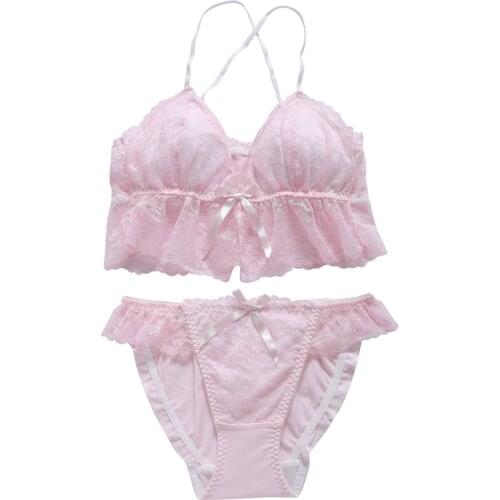 Sexy Lace Womens Japanese Bra & Panties Set Wirefree Soft Underwear Sleep Intimates Set Lolita