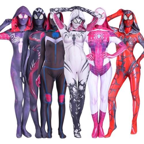 2020 The Amazing Spider Hero Cosplay Gwen Stacy Costume Spandex Zentai Mask Hoodie Spider Zentai Suit Anti-Gwenom for Women Girl