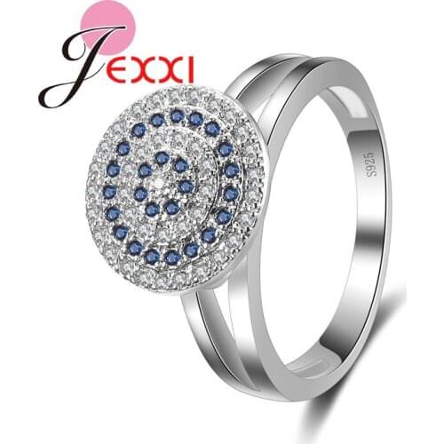 Creative Hollow Design Silver Finger Jewelry Luxury Round Target Plate Full Blue White Rhinestone Women Trendy Rings