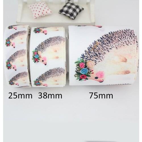 Cute floral Hedgehog wreath printed grosgrain ribbon white sewing ribbon wedding gift wrap 9mm 16mm 22mm 25mm 38mm 57mm 75mm