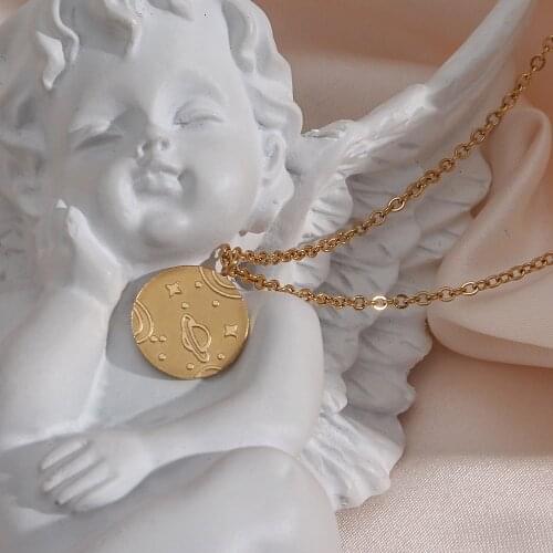 Trendy Stainless Steel Gold Plated Waterproof Tarnish Free Planet Round Pendant O Thin Chain Necklace Gift For Women Party Gift