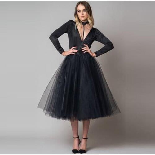 Fashion Black Tea Length Tulle Skirts Women Zipper Style A-line Puffy Tutu Skirt Faldas Saias Custom Made Female Bottom Cheap