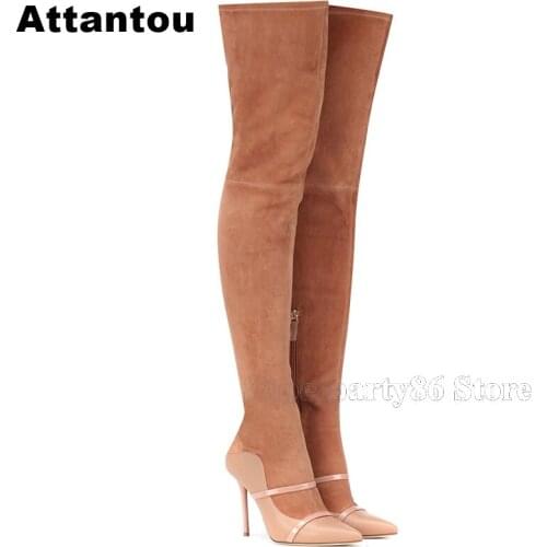 Fashion Nude Suede Leather Pointed Toe Straps Thin High Heel Women Boots Winter Over The Knee Boots Plus size 43