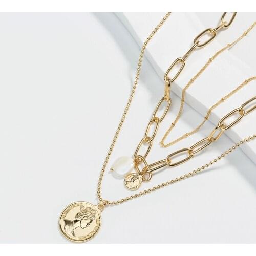 Portrait Embossed Simulated Pearl Pendant Necklace Fashion Jewelry Round Bead Metal Chain Baroque Choker Necklaces For Women