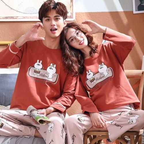 SLPBELY Couple Pajamas Set Homesuit Spring Cute Cartoon Full Sleeve Cotton Lovers Pajamas Men And Women Pyjamas Family Pijama