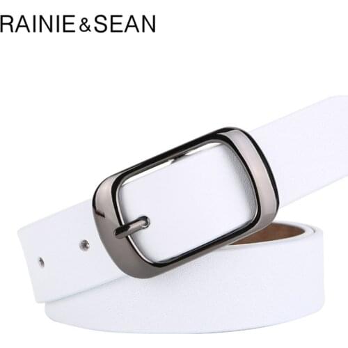 RAINIE SEAN White Belt Women Cowskin Genuine Leather Women Belt High Quality Brand Buckle Ladies Belts for Jeans 110cm