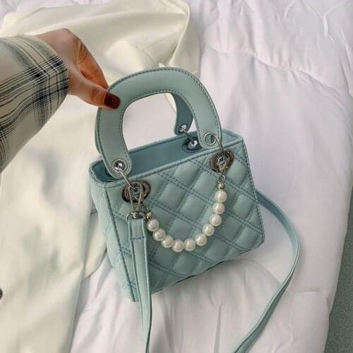 Lattice Square Tote Bag 2021 Fashion New Quality PU Leather Womens Designer Handbag Pearl Handle Shoulder Messenger Bag Purses