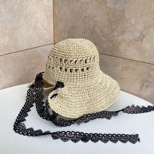 New Sun Hat for Women Breathable Lace Hollow Handmade Straw Hat Foldable Summer Hat Wide Brim Anti-UV Beach Hat Female Chapeau