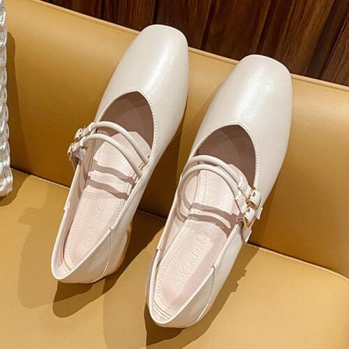 Rimocy Elegant Double Buckle Low Heel Shoes for Women Round Toe Pu Leather Pumps Woman 2021 Beige Shallow Office Lady Work Shoes