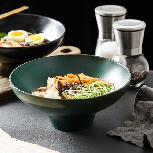 8-inch Japanese Ceramic High-foot Bowl Black Green Dinner Plate Home Large-capacity Noodle Soup Salad Bowl Restaurant Tableware