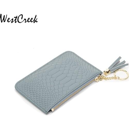 WESTCREEK Brand Lady Small Thin Tassel Wallets Serpentine Genuine Leather Coin Purse for Women with Key Ring