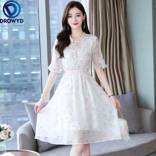 2021 Korean Elegant Women Casual Beach Dress Bodycon Party Ruffle Vestidos Summer New Vintage Floral Chiffon Boho Midi Sundress