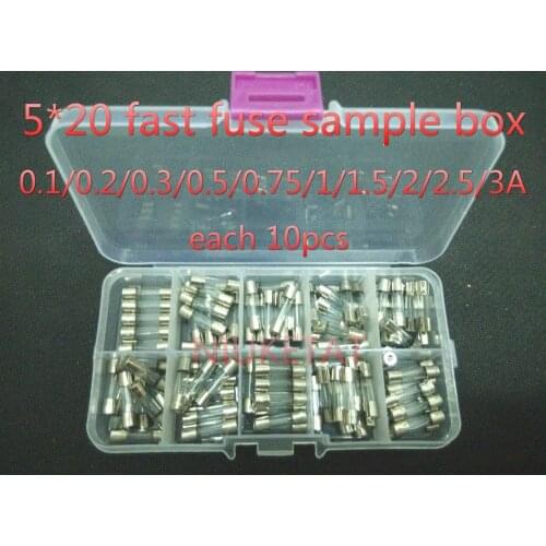 100pcs/Set 5x20mm 5*20mm Glass Fuses 0.1/0.2/0.3/0.5/0.75/1/1.5/2/2.5/3A 250V Quick Blow Glass Tube Fuse Assorted Kits Fast-blow