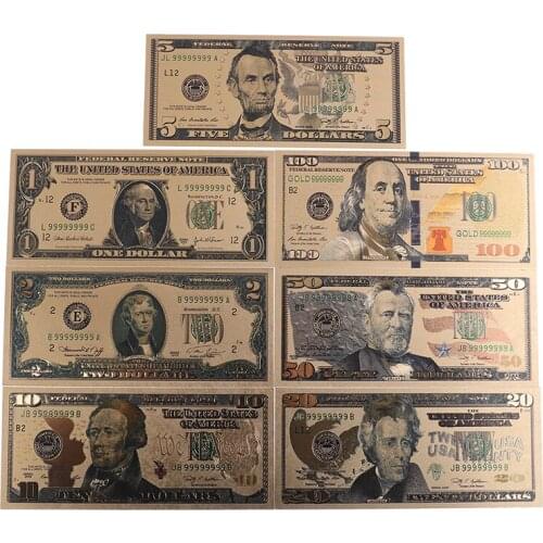 7pcs/Set 24K replica Gold Plated Souvenir Home Decoration Realistic Banknotes Dollars Antique Plated Commemorative Notes Plastic