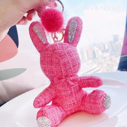 702 Plush sitting diamond rabbit keychain 15cm mobile phone accessory bag car key soft rabbit plush small gifts for girlfriends
