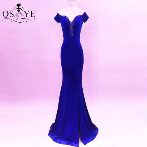 Royal Velvet Evening Dress Stretch Long Mermaid Dress Off Shoulder Prom Gown CrystalBead Party Dress Side Sleeve Fit Formal Gown