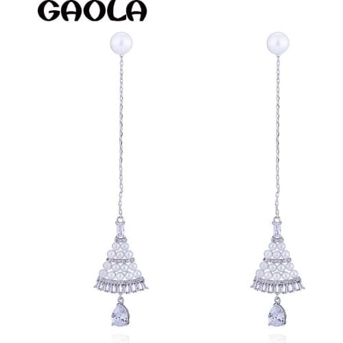 GAOLA 2018 New Design Cubic Zirconia Stone Fashion Imitation Pearls Bridal Earrings Christmas Tree Earring