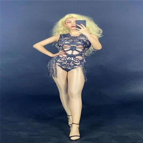 H67 Tassels Perspective Singer Sleeveless Pole Dance Colorful Leotard Elastic Party Club Stretched Bodysuit Sexy Tight Mesh Dj