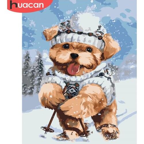 HUACAN Oil Painting By Numbers Dog Animals HandPainted Kits Drawing Canvas Pictures Home Decoration Snow DIY Gift