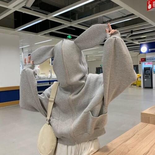 HOUZHOU Bunny Hoodie Kawaii Streetwear Women Alt Rabbit Ears Clothing Oversize Zip Up Aesthetic Korean Fashion Long Sleeve Top