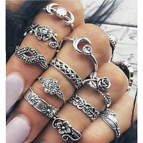 Abdoabdo Stainless Steel Rings For Women Vintage Rose Gem Leaf Carved Totem 11-piece Set Ring Female Anillos Mujer