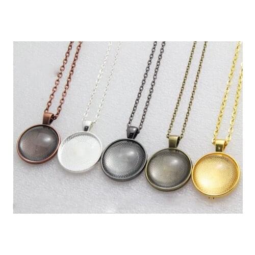 10kits Round Necklace Pendant Blank Base Sets Include (20/25/30mm Pendant+Glass+3x4mm 24Inch Rolo Chain) For DIY Jewelry Making