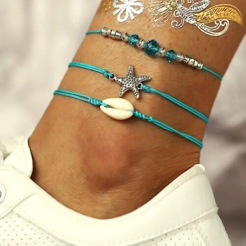 Bohemian Starfish Shell Blue Bead Anklet Set for Women Accessories Exquisite Ocean Beach Ankle Bracelet Statement Jewelry Gift