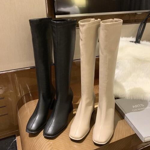 2021 New Fashion Women 7cm Black Block High Heels Long Boots New Winter Warm Knee High Boots Soft Leather Thigh High Boots Shoes
