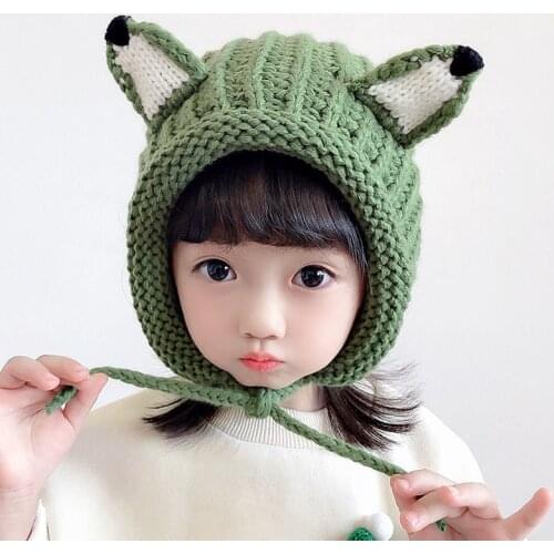 Solid color Cartoon fox knitted hat winter warm hat Skullies cap beanie hat for kid boy and girl 82