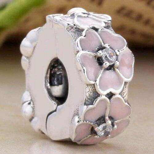 Original Crystal Pink Enamel Primrose Clip Stopper Bead Fit 925 Sterling Silver Bead Charm Bracelet Diy Jewelry