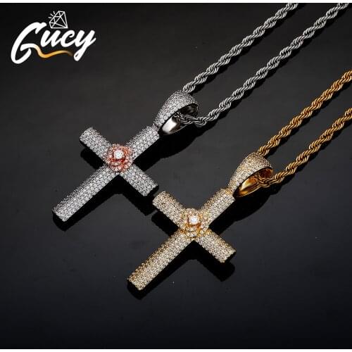 GUCY Men Hip Hop Roses Cross Pendant Necklace Hiphop Style Iced AAA Cubic Zirconia Necklace Copper Fashion Jewelry