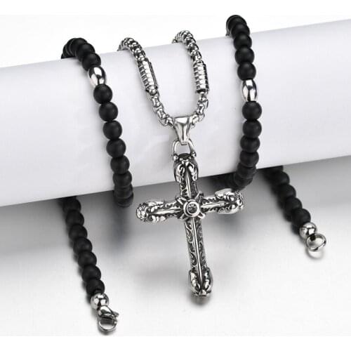 CZ Rhinestone Silver Color Cross Stainless Steel Pendant Necklaces Black Stone Strand Beads Necklaces
