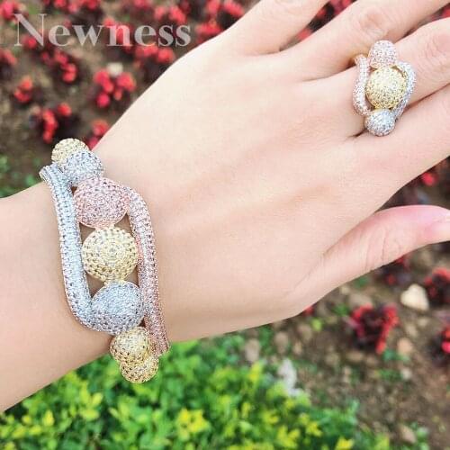 Luxury Big Ball Bangle Ring Sets Party Full Mirco Pave Cubic Zircon 3 Tone Color Women Brand Bijoux Fashion