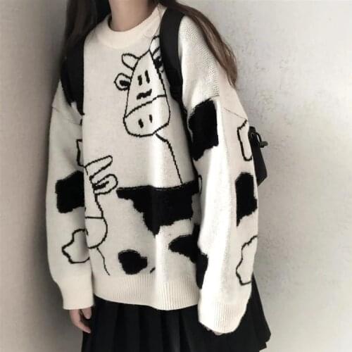 IMCUTE Y2K Sweet Girl Milk Cartoon Cow Print Round Neck Long Sleeve Sweater Fall/Winter Warm Casual Loose Knit Pullover Jacket