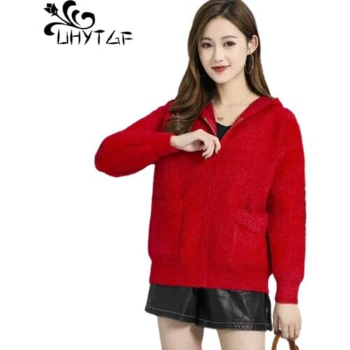 UHYTGF Knitted Spring Autumn Sweater Jacket Women Hooded Mink Fleece Cardigan Female Long Sleeves Casual 3XL Plus Size Coat 2057