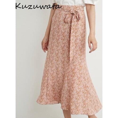 Kuzuwata High Waist Hip Bow Design A Line Skirt Women Vintage Print Summer Outwear Holiday Jupe Femme Loose Faldas Mujer